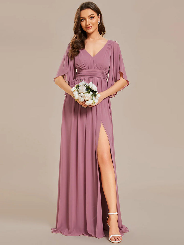 V Neck Pleated Belt Chiffon Evening Dress - CALABRO®