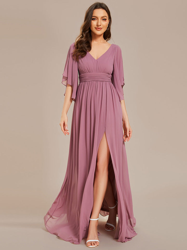 V Neck Pleated Belt Chiffon Bridesmaid Dresses - CALABRO®