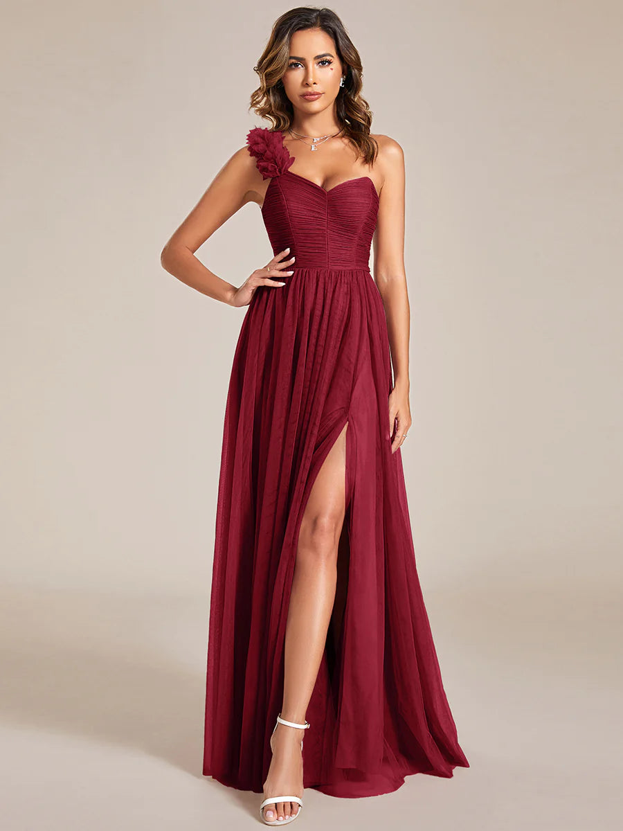 Backless One Shoulder Pleated Split Tulle Evening Dress - CALABRO®