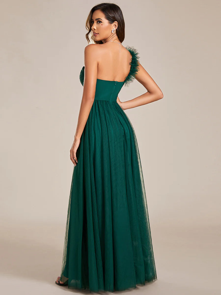 Backless One Shoulder Pleated Split Tulle Evening Dress - CALABRO®