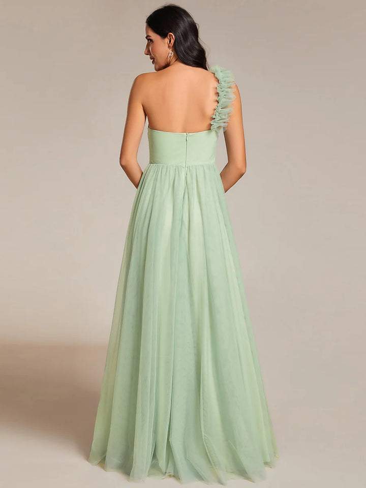 Backless One Shoulder Pleated Split Tulle Evening Dress - CALABRO®