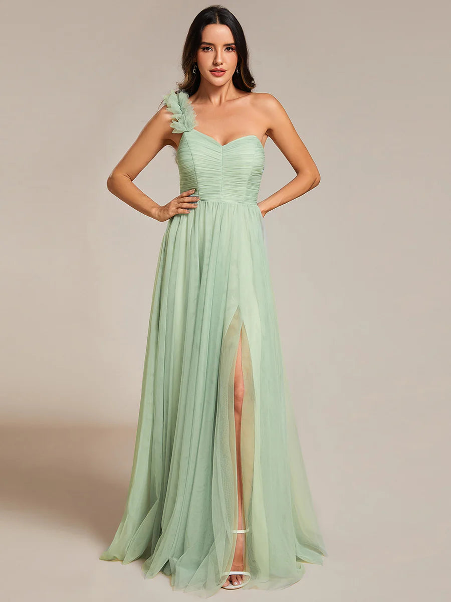 Backless One Shoulder Pleated Split Tulle Evening Dress - CALABRO®