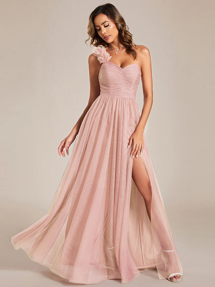 Backless One Shoulder Pleated Split Tulle Evening Dress - CALABRO®