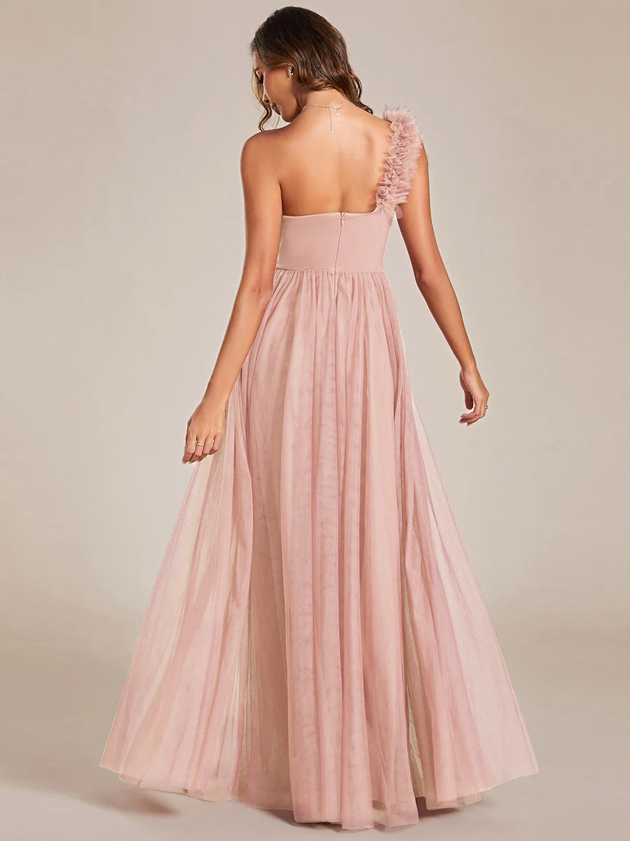 Backless One Shoulder Pleated Split Tulle Evening Dress - CALABRO®