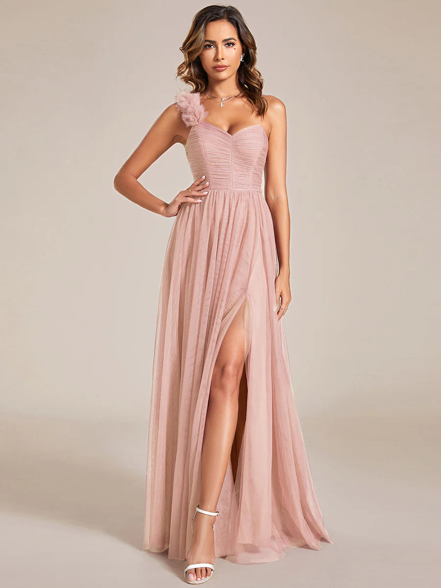 Backless One Shoulder Pleated Split Tulle Evening Dress - CALABRO®