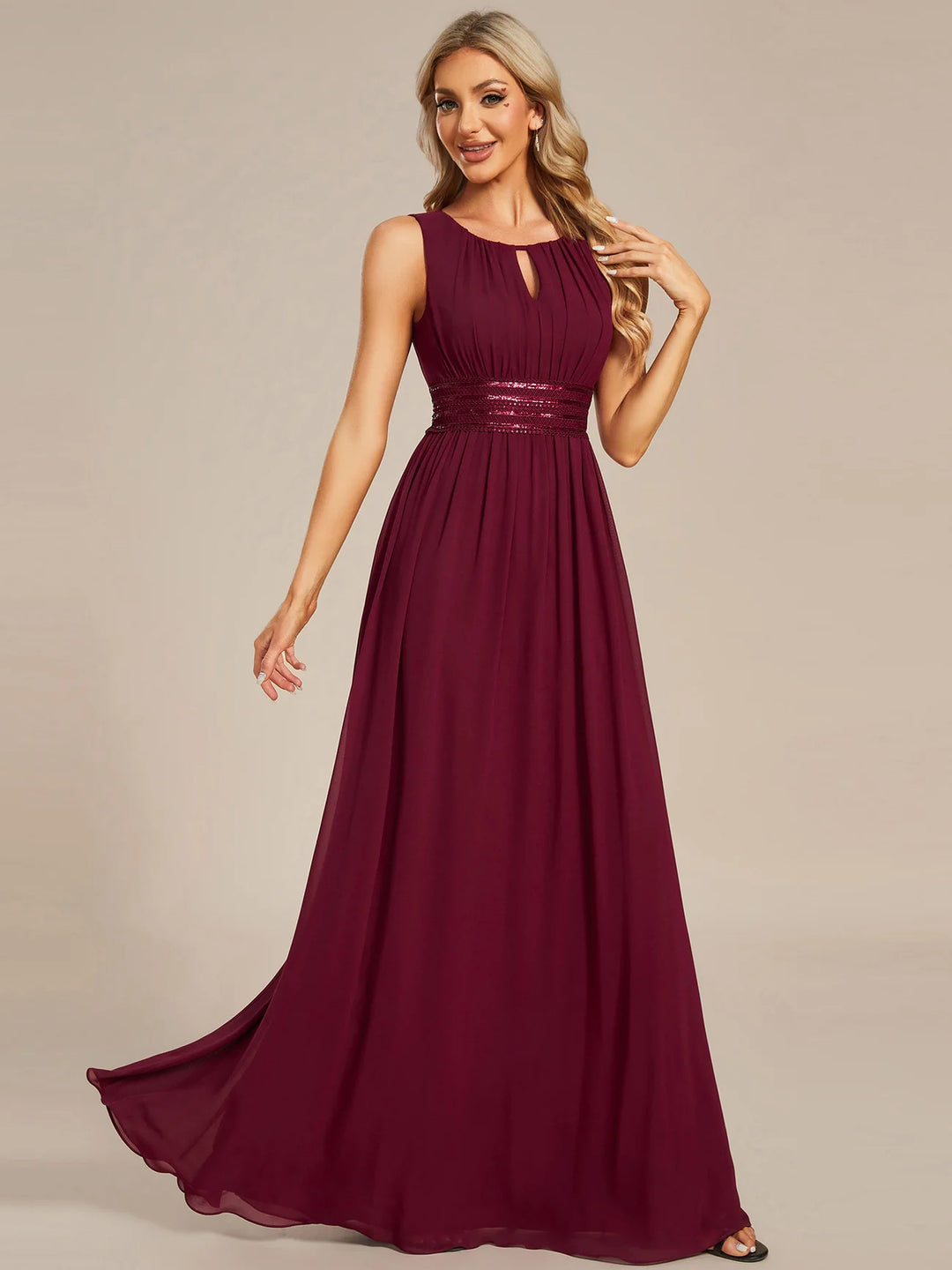 Maxi Long Chiffon Hollow Round Neck Decor Evening Dress - CALABRO®