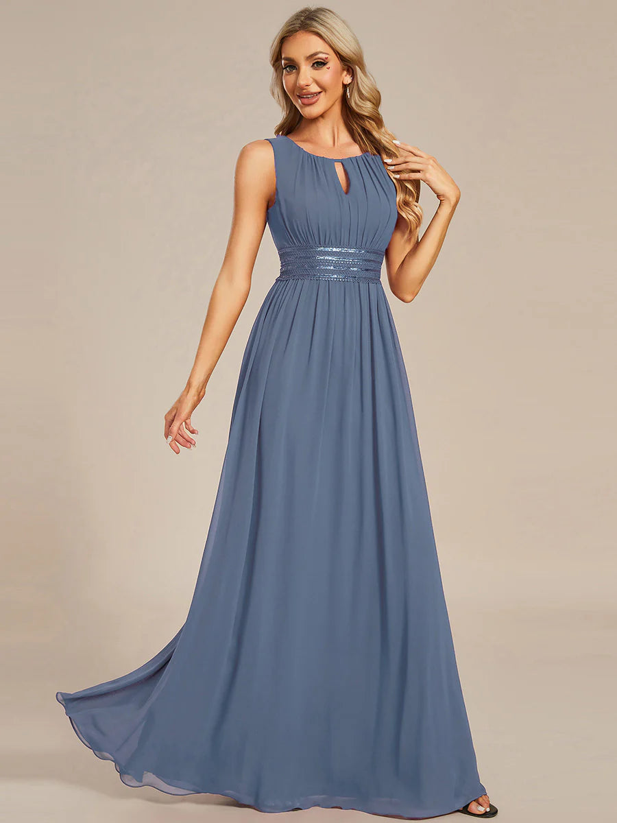 Maxi Long Chiffon Hollow Round Neck Decor Evening Dress - CALABRO®