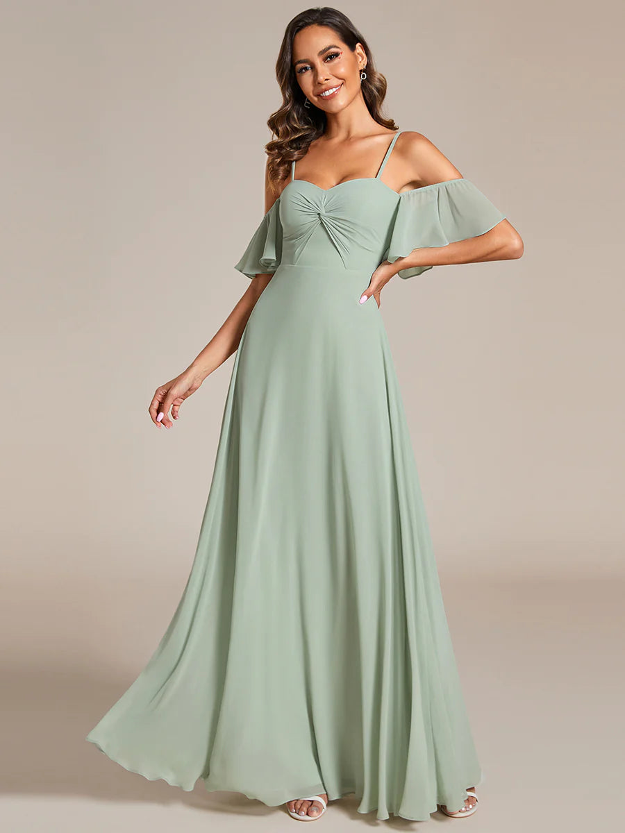 Maxi Long Cold Shoulder Bridesmaid Dresses With Short Sleeves - CALABRO®