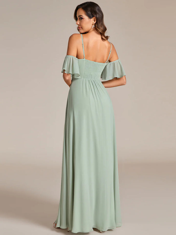 Maxi Long Cold Shoulder Bridesmaid Dresses With Short Sleeves - CALABRO®