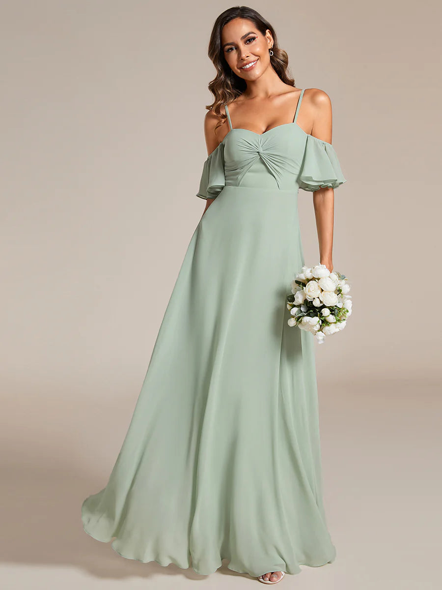 Maxi Long Cold Shoulder Bridesmaid Dresses With Short Sleeves - CALABRO®