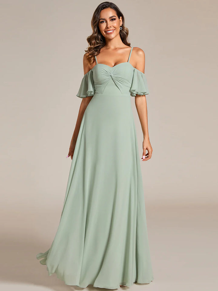 Maxi Long Cold Shoulder Bridesmaid Dresses With Short Sleeves - CALABRO®