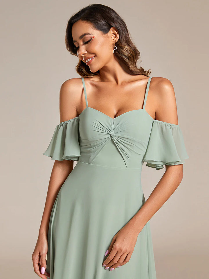 Maxi Long Cold Shoulder Bridesmaid Dresses With Short Sleeves - CALABRO®