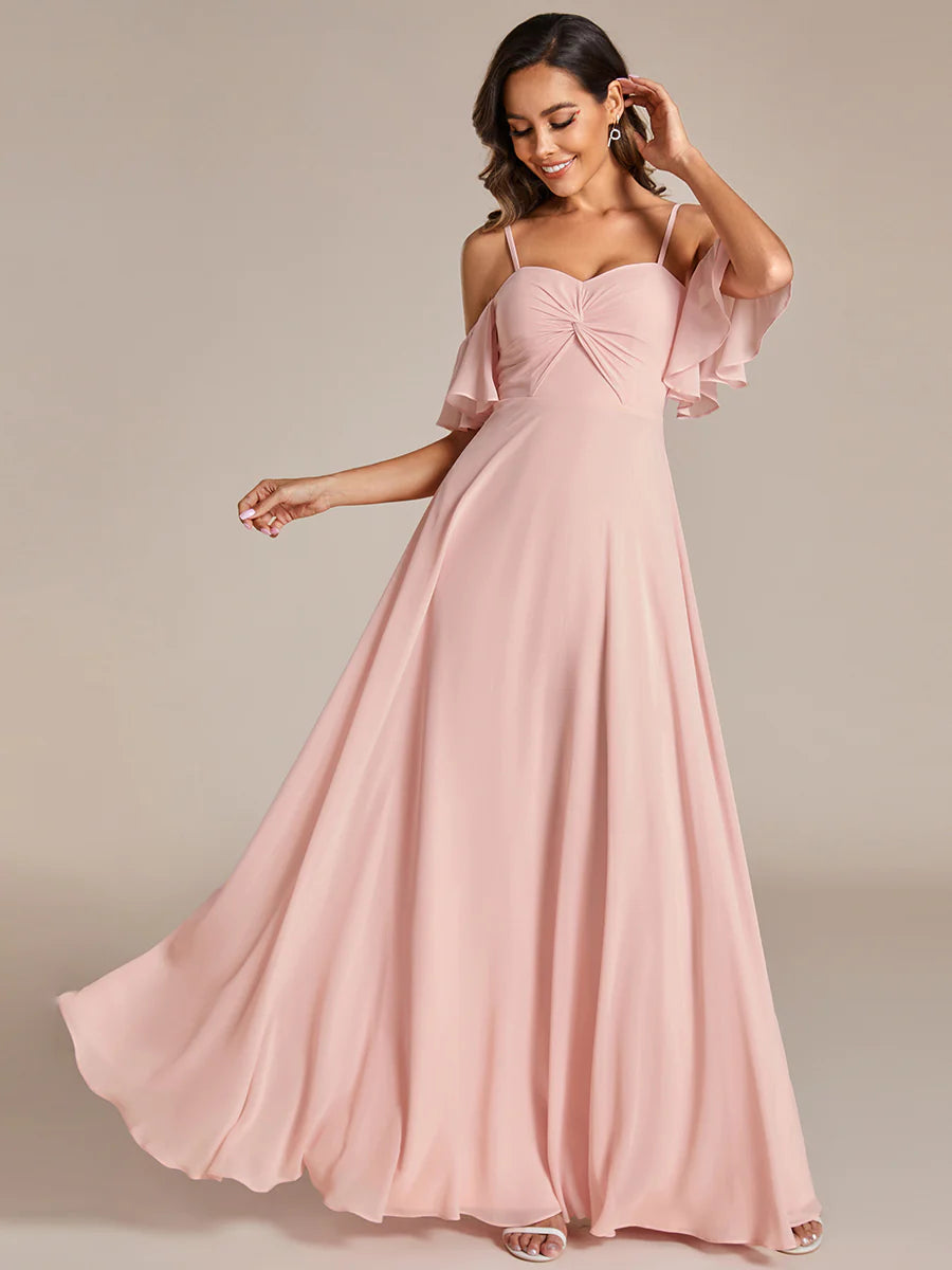 Maxi Long Cold Shoulder Bridesmaid Dresses With Short Sleeves - CALABRO®