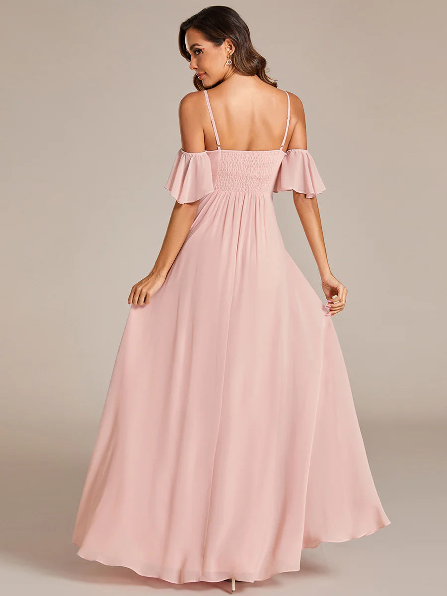 Maxi Long Cold Shoulder Bridesmaid Dresses With Short Sleeves - CALABRO®