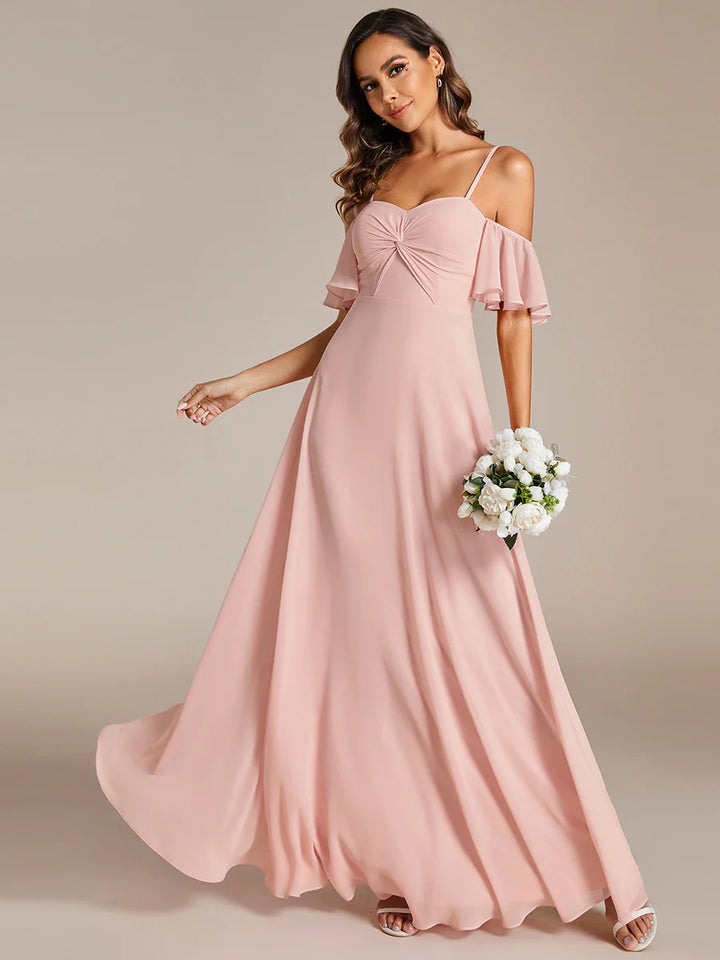 Maxi Long Cold Shoulder Bridesmaid Dresses With Short Sleeves - CALABRO®