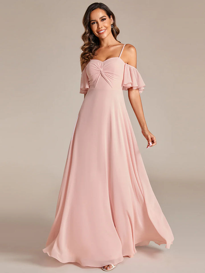 Maxi Long Cold Shoulder Bridesmaid Dresses With Short Sleeves - CALABRO®