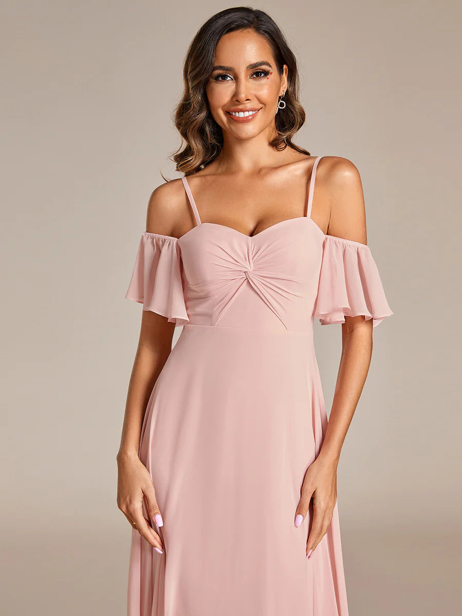 Maxi Long Cold Shoulder Bridesmaid Dresses With Short Sleeves - CALABRO®