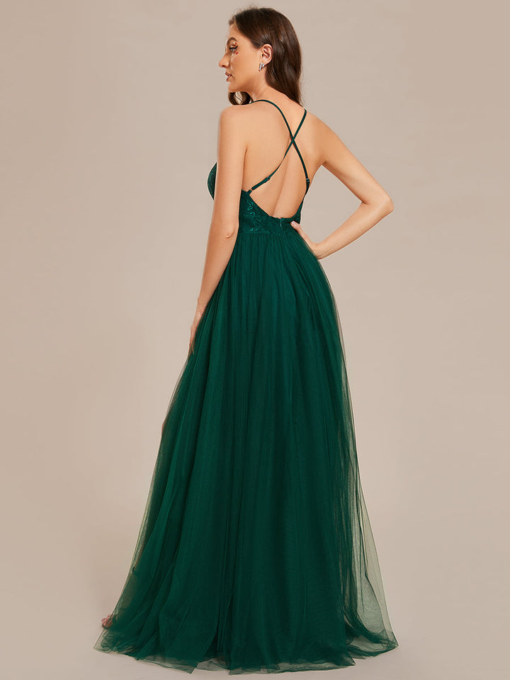 Sleeveless Embroidery Floor Length V Neck Evening Dress with Spaghetti Straps - CALABRO®