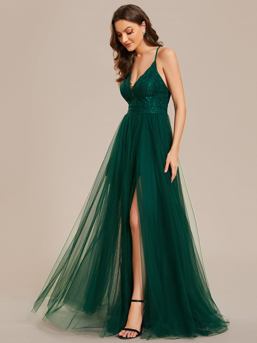 Sleeveless Embroidery Floor Length V Neck Evening Dress with Spaghetti Straps - CALABRO®