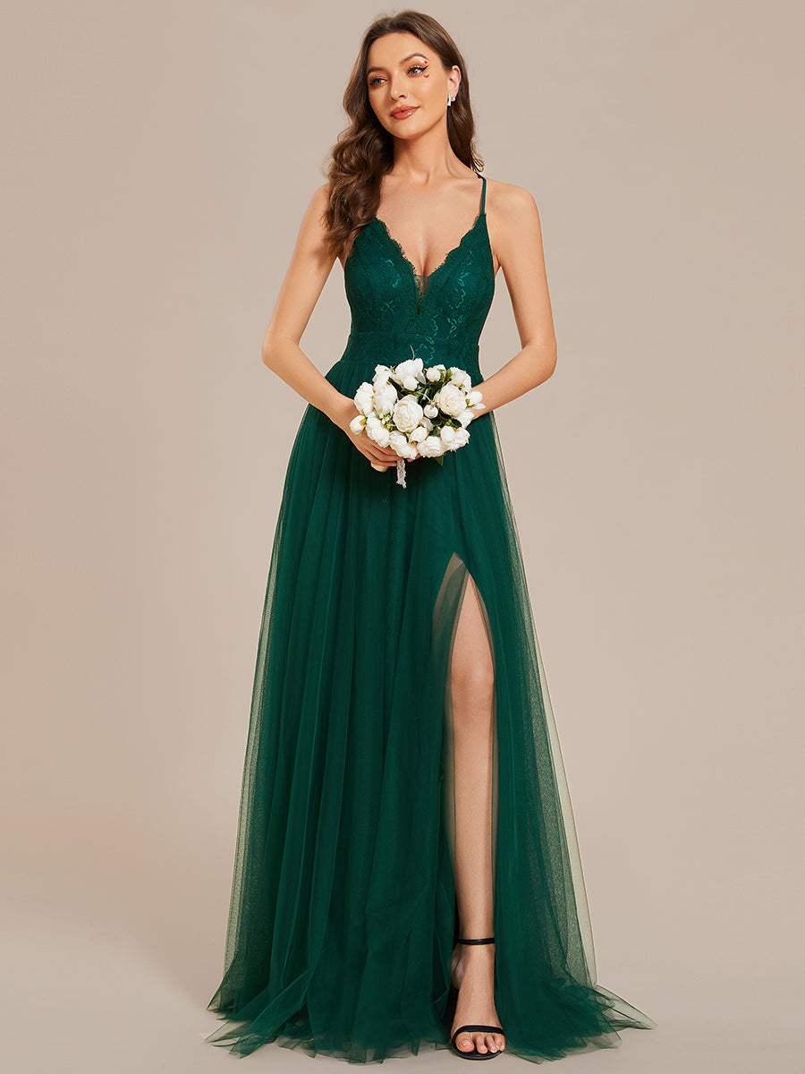 Sleeveless Embroidery Floor Length V Neck Evening Dress with Spaghetti Straps - CALABRO®