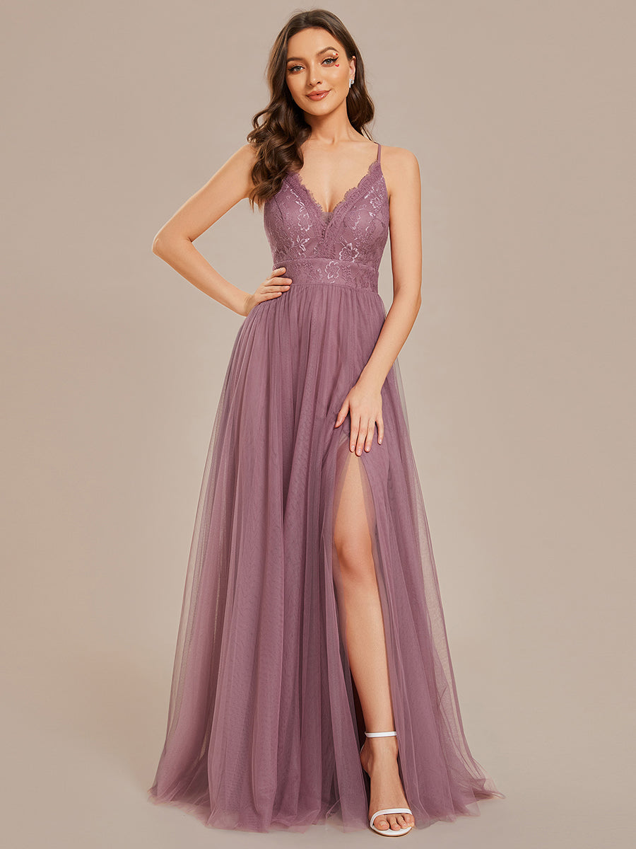 Sleeveless Embroidery Floor Length V Neck Evening Dress with Spaghetti Straps - CALABRO®