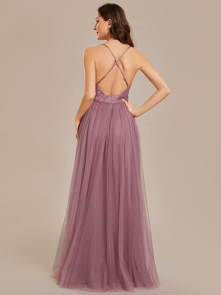 Sleeveless Embroidery Floor Length V Neck Evening Dress with Spaghetti Straps - CALABRO®