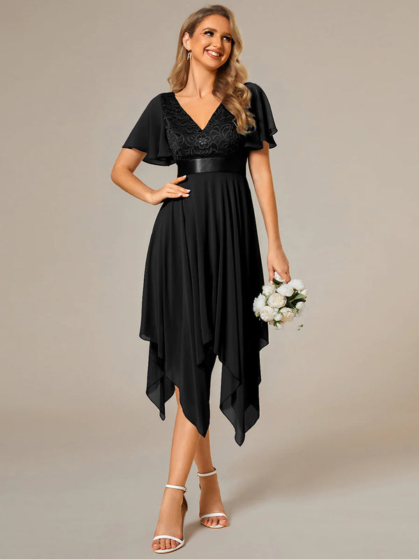 Deep V Neck Chiffon Evening Gown With Short Sleeves
