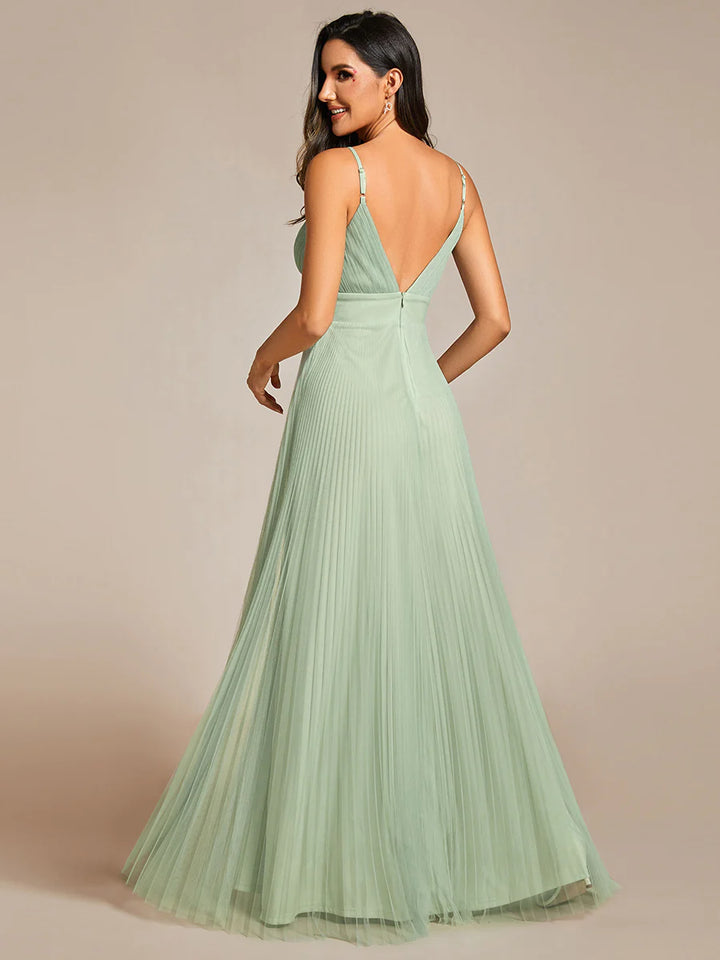 Mesh Contrast Evening Dress With Spaghetti Straps - CALABRO®