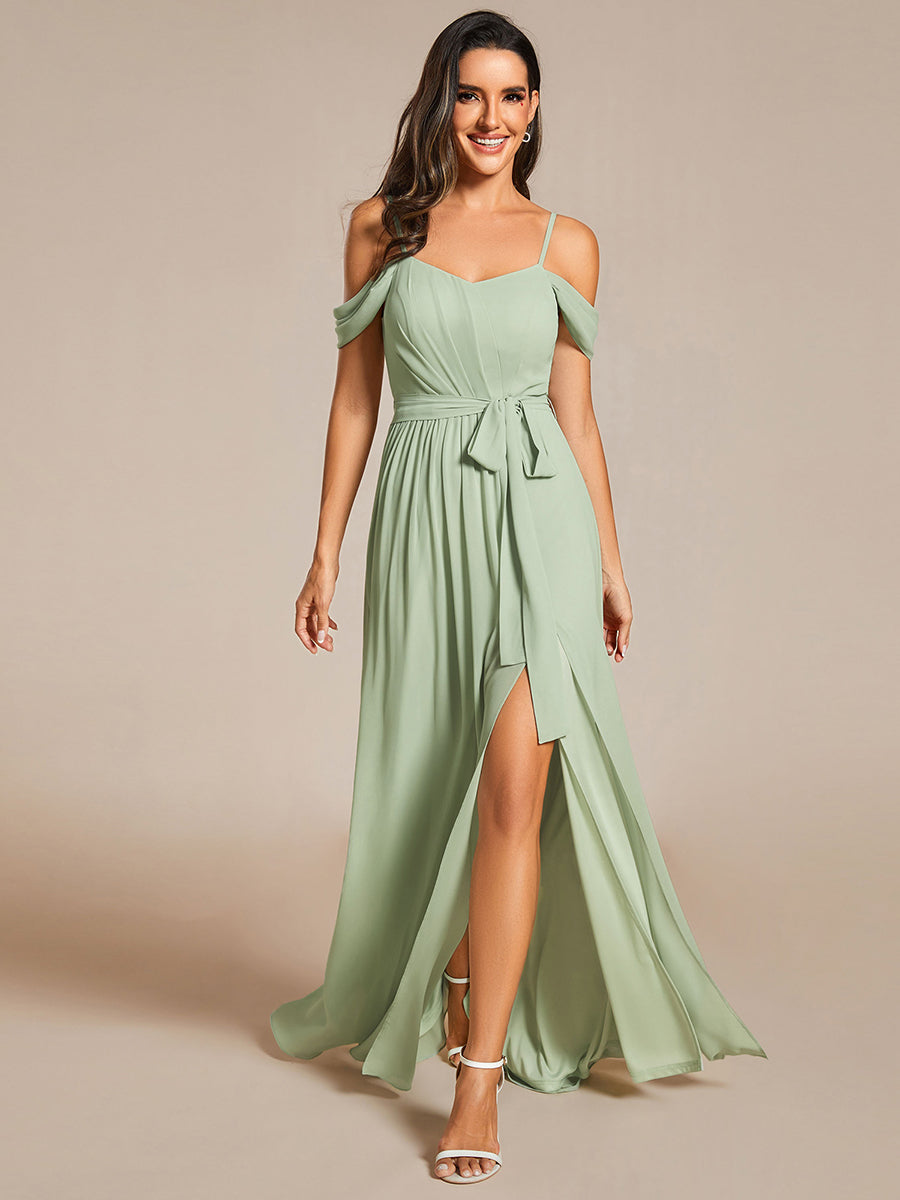 Chiffon Cold Shoulder Bowknot Bridesmaid Dress With Side Split - CALABRO®