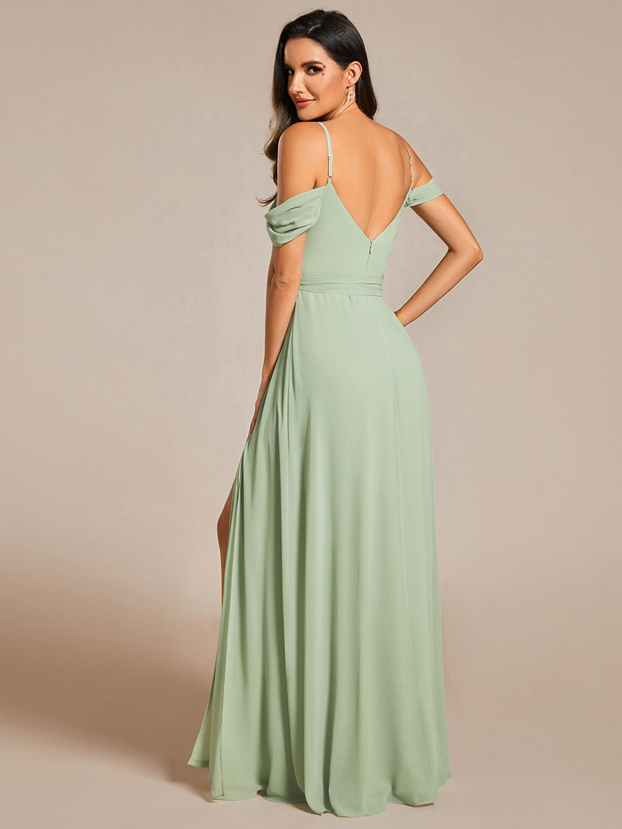 Chiffon Cold Shoulder Bowknot Bridesmaid Dress With Side Split - CALABRO®