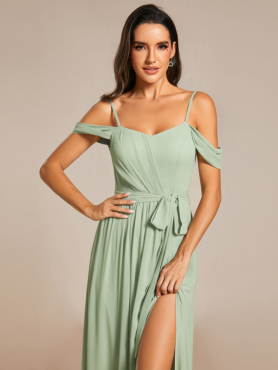 Chiffon Cold Shoulder Bowknot Bridesmaid Dress With Side Split - CALABRO®