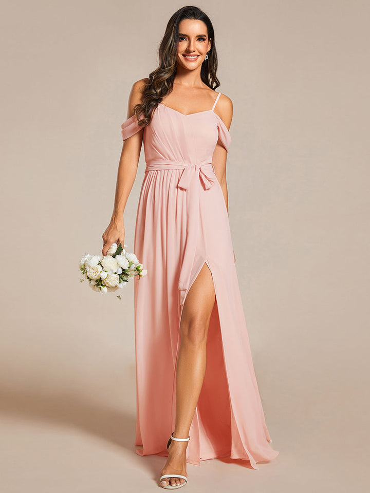 Chiffon Cold Shoulder Bowknot Bridesmaid Dress With Side Split - CALABRO®