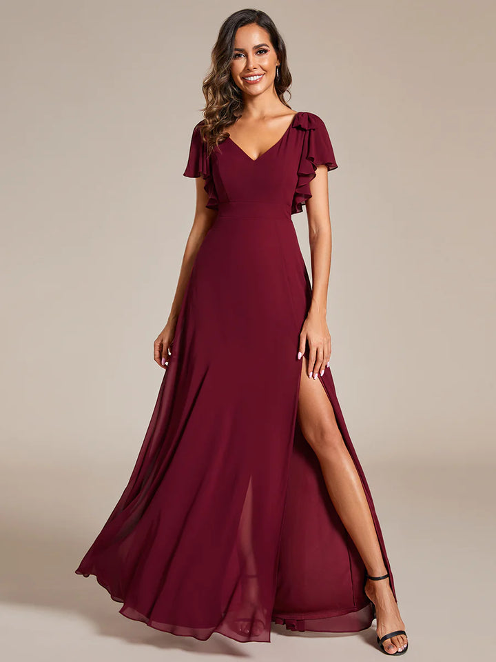 Split Ruffles Sleeves with Bowknot V-neck Chiffon Evening Dress - CALABRO®