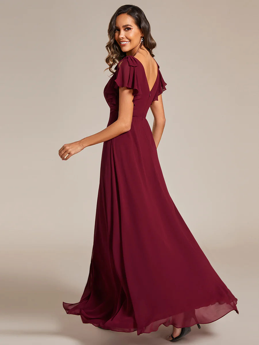 Split Ruffles Sleeves with Bowknot V-neck Chiffon Evening Dress - CALABRO®