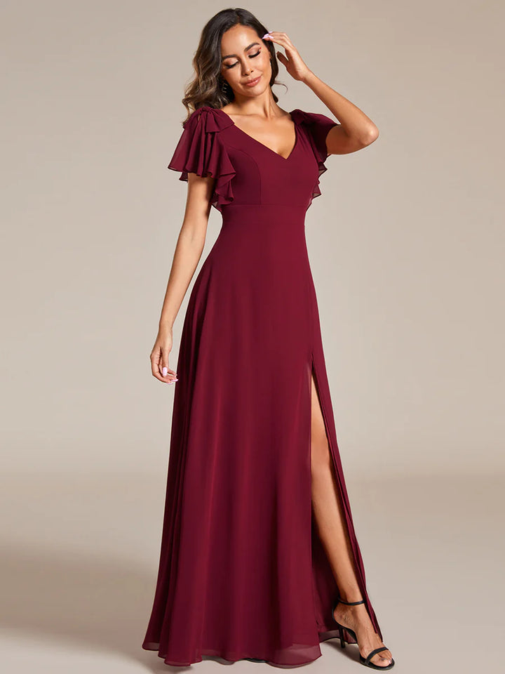 Split Ruffles Sleeves with Bowknot V-neck Chiffon Evening Dress - CALABRO®