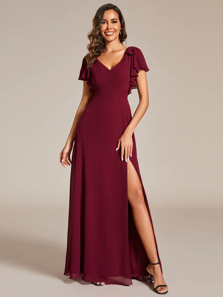 Split Ruffles Sleeves with Bowknot V-neck Chiffon Evening Dress - CALABRO®