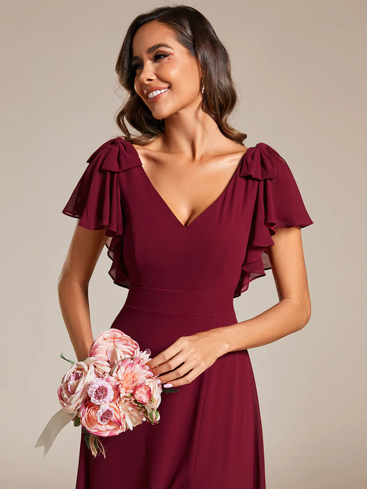 Split Ruffles Sleeves with Bowknot V-neck Chiffon Evening Dress - CALABRO®