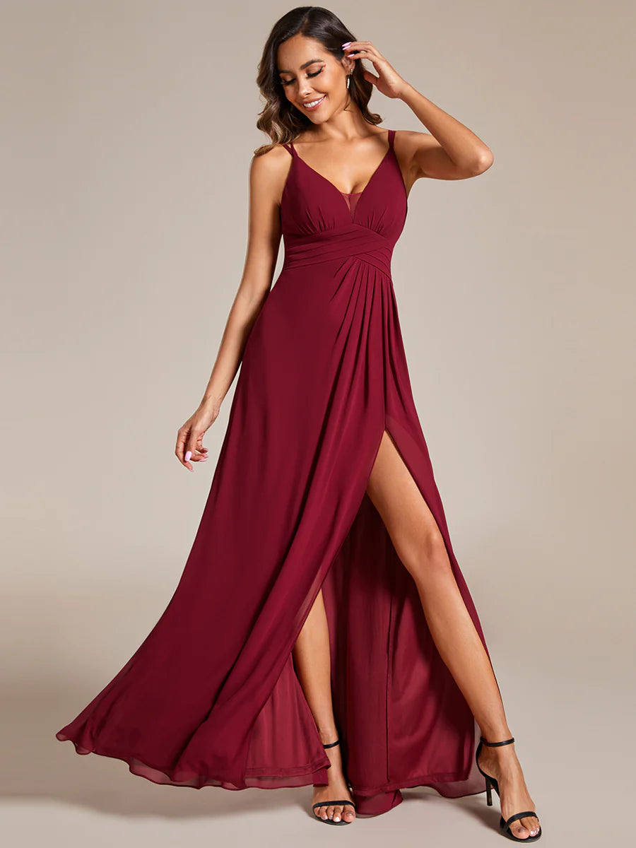 Plunging Neck Split Spaghetti Strap Back X-Cross Bridesmaid Dress - CALABRO®