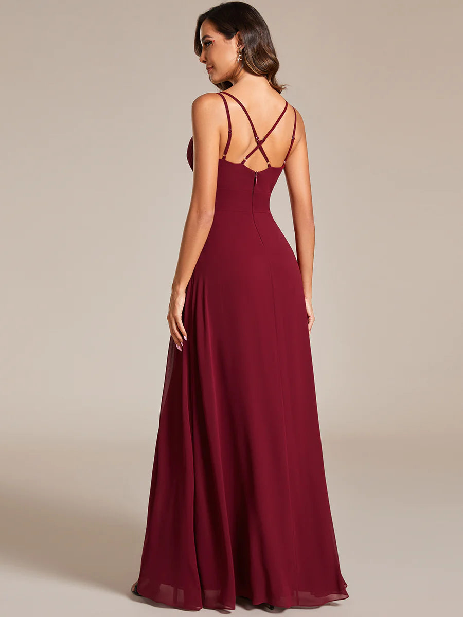 Plunging Neck Split Spaghetti Strap Back X-Cross Bridesmaid Dress - CALABRO®