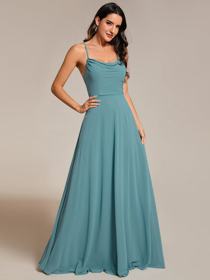 Spaghetti Straps Draped Collar Floor Length Bridesmaid Dress - CALABRO®