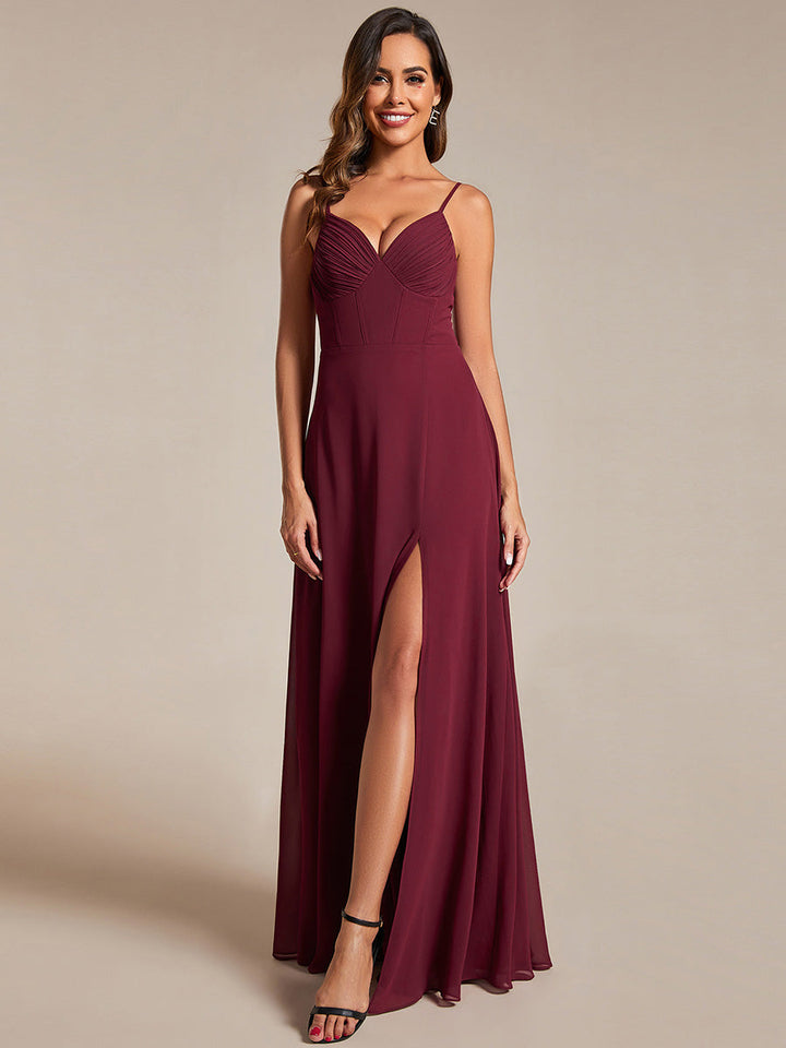 Chiffon Spaghetti Strap Bridesmaid Dress with High Split - CALABRO®