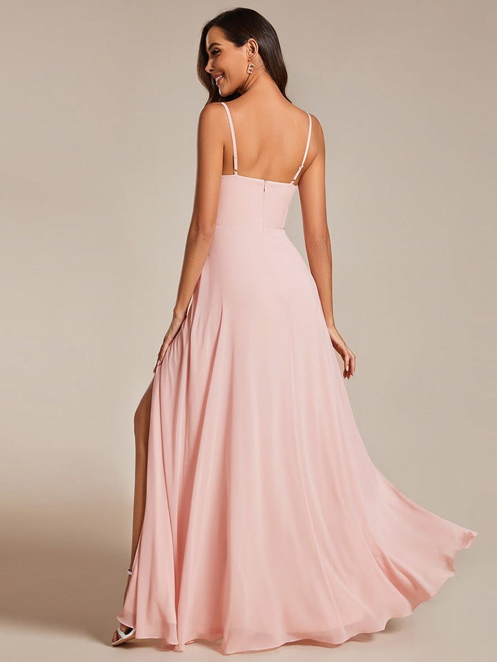 Chiffon Spaghetti Strap Bridesmaid Dress with High Split - CALABRO®