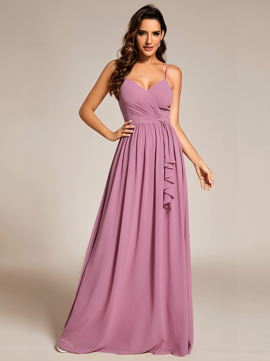 Elegant Spaghetti Straps Deep V Neck A-Line Ruched Lotus Leaf Empire Waist Chiffon Bridesmaids Dress - CALABRO®