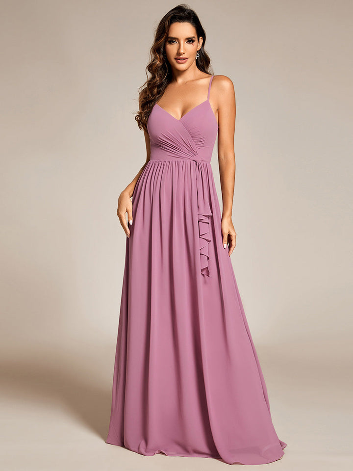 Elegant Spaghetti Straps Deep V Neck A-Line Ruched Lotus Leaf Empire Waist Chiffon Bridesmaids Dress - CALABRO®