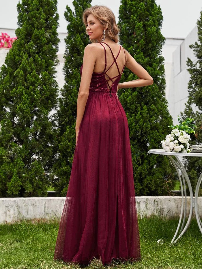 Shimmer Cross-Back Straps Tulle Bridesmaid Dress with sleeveless - CALABRO®