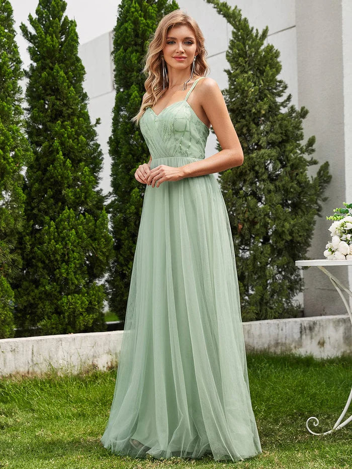 Shimmer Cross-Back Straps Tulle Bridesmaid Dress with sleeveless - CALABRO®