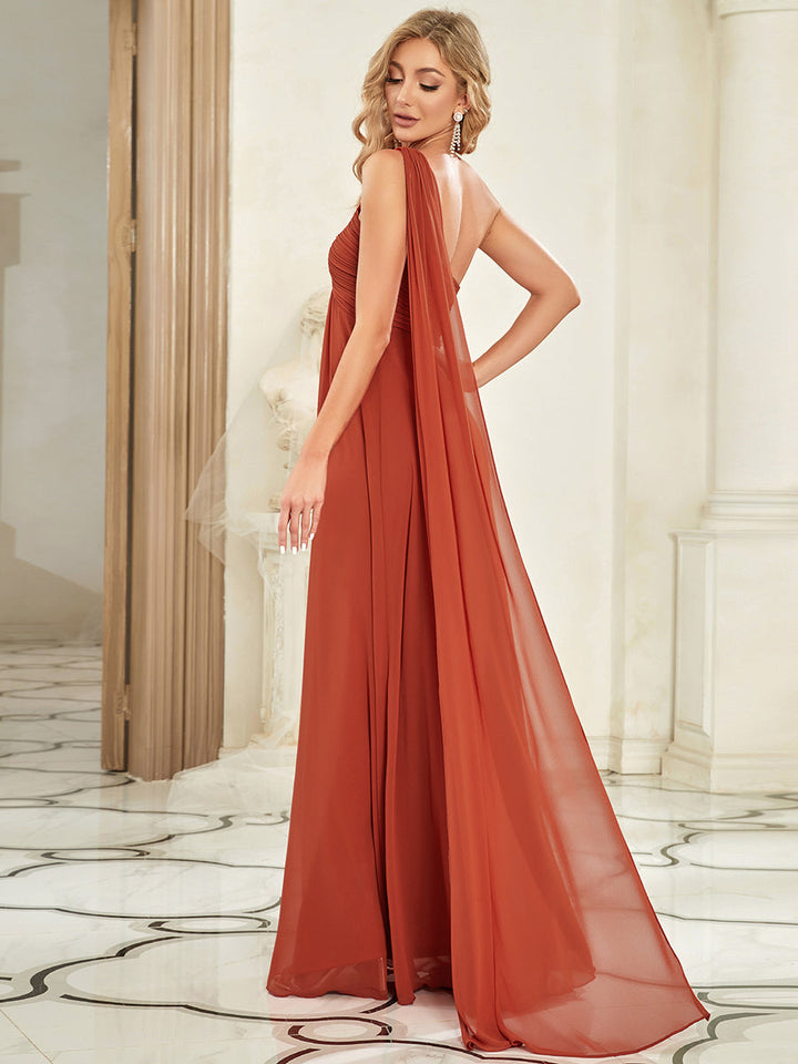 Elegant Pleated A-Line Floor Length One Shoulder Sleeveless Bridesmaids Dress - CALABRO®