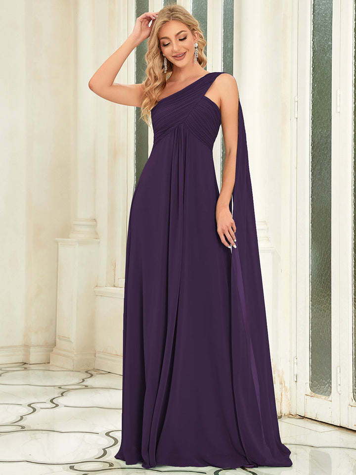 Elegant Pleated A-Line Floor Length One Shoulder Sleeveless Bridesmaids Dress - CALABRO®