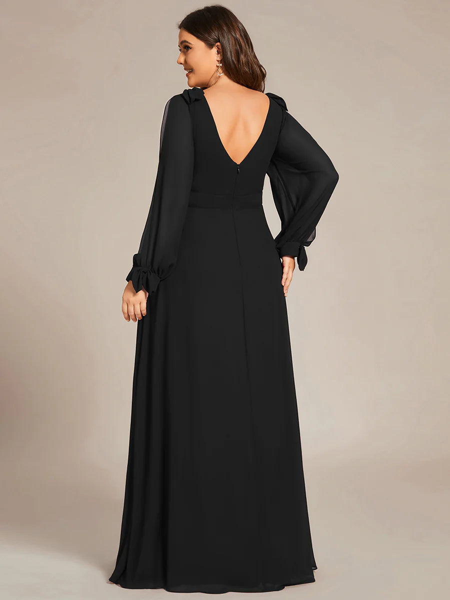 Plus Size Long Lantern Sleeves A Line V Neck Evening Dress - CALABRO®