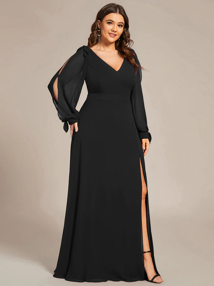 Plus Size Long Lantern Sleeves A Line V Neck Evening Dress - CALABRO®